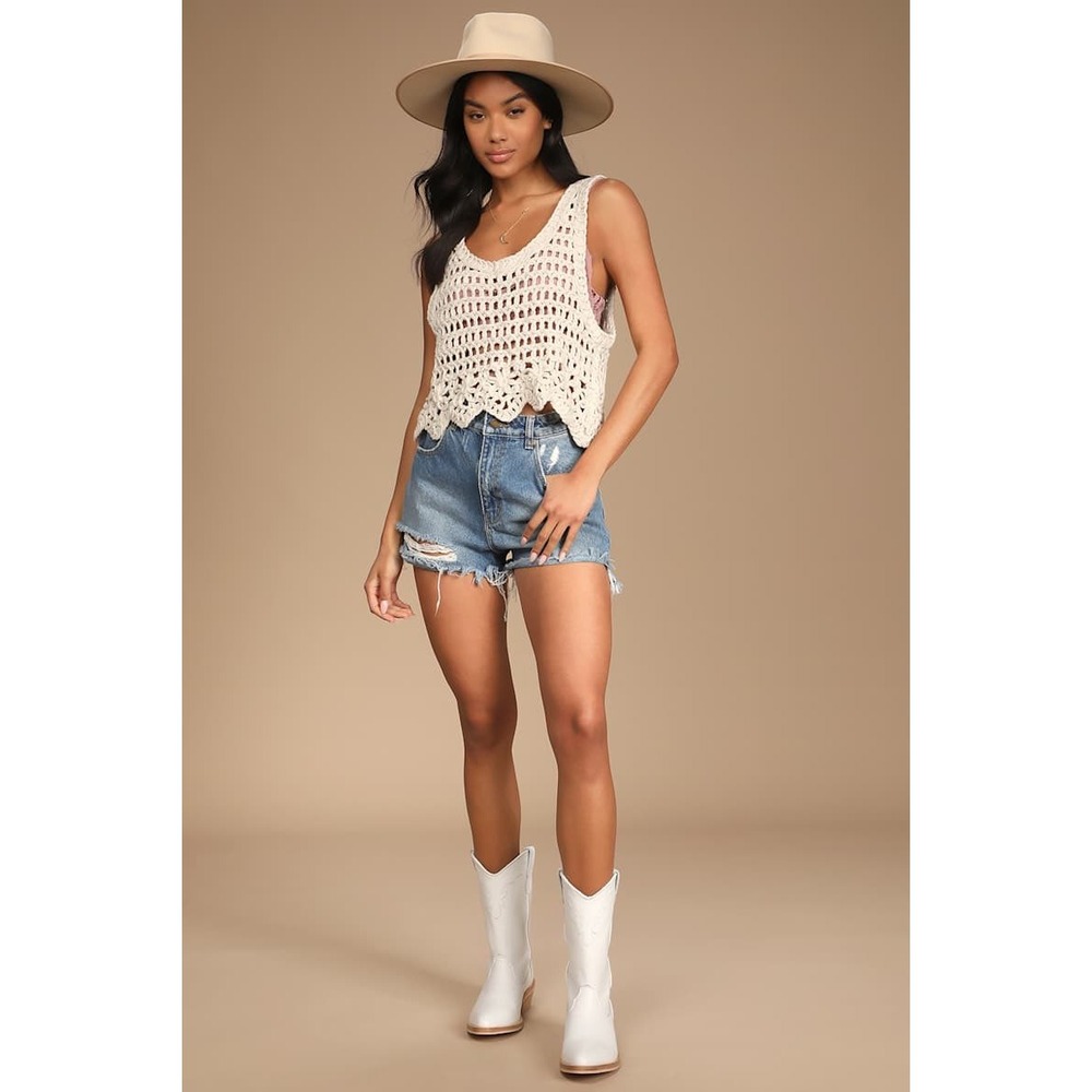 Lulus Weekend Festivals Crochet Cropped Tank Top, Beige Large Boho Hippie 70s - Picture 14 of 16